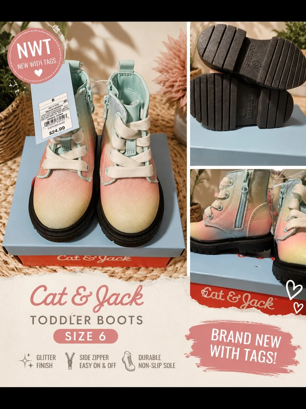 Cat & Jack Toddler Glitter Rainbow Lace-Up Boots in Pink, Mint, Yellow